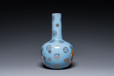 A Chinese lavender blue-ground bottle vase with fruit medallions, Republic