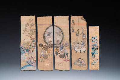 Five Chinese embroidered silk panels, 19th C.