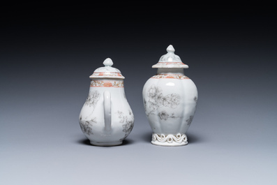 A Chinese iron-red and grisaille tea caddy and cream jug with fine pheasants, Yongzheng