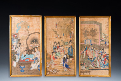 Wang Chengxun 王承勳 (19/20&egrave;me): 'Six oeuvres romantiques sur la vie dans la Chine ancienne', encre et couleurs sur soie