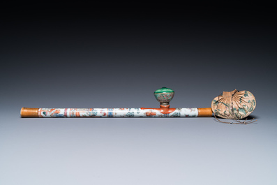 A rare Chinese famille rose opium pipe with narrative scenes, 19th C.