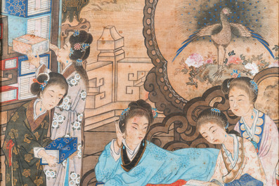 Wang Chengxun 王承勳 (19/20&egrave;me): 'Six oeuvres romantiques sur la vie dans la Chine ancienne', encre et couleurs sur soie