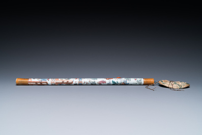 A rare Chinese famille rose opium pipe with narrative scenes, 19th C.