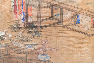 Wang Chengxun 王承勳 (19/20&egrave;me): 'Six oeuvres romantiques sur la vie dans la Chine ancienne', encre et couleurs sur soie