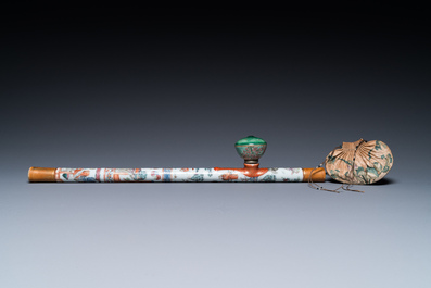 A rare Chinese famille rose opium pipe with narrative scenes, 19th C.