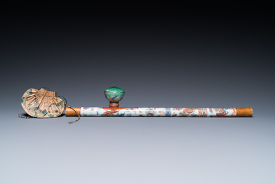 A rare Chinese famille rose opium pipe with narrative scenes, 19th C.