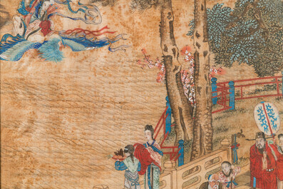 Wang Chengxun 王承勳 (19/20&egrave;me): 'Six oeuvres romantiques sur la vie dans la Chine ancienne', encre et couleurs sur soie