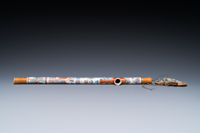 A rare Chinese famille rose opium pipe with narrative scenes, 19th C.