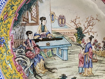A Chinese Canton enamel 'san niang jiao zi' plate, Shang Xin 賞心 mark, Qianlong