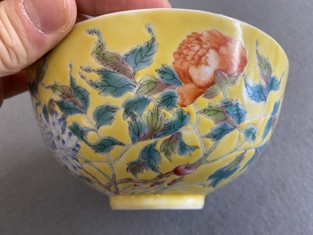 A Chinese famille rose yellow-ground bowl with floral design, Yongzheng mark but probably later