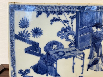 A Chinese rectangular blue and white 'beheading' tile, Kangxi