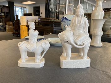 Two Chinese Dehua blanc de Chine sculptures of Guanyin and a Sogdian merchant on an elephant, Kangxi