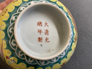 A Chinese yellow-ground famille rose 'dragon and phoenix' bowl, Guangxu mark and of the period