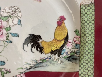 A pair of large Chinese famille rose ruby-ground 'rooster' dishes, Yongzheng