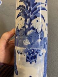A Chinese blue and white garniture of five vases with ladies and boys, Kangxi mark, 19th C.