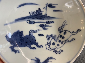 A Chinese blue and white ko-sometsuke 'piebald horses' saucer dish for the Japanese market, Tianqi/Chongzhen