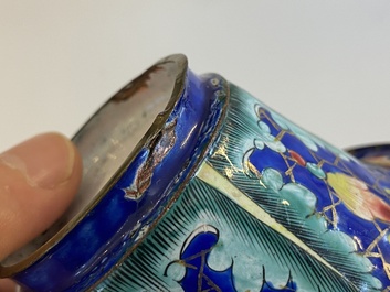 Two Chinese Canton enamel blue-ground bowls, Qianlong/Jiaqing