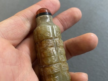 A Chinese celadon and russet jade 'cong' snuff bottle, probably Qing