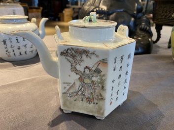 A Chinese hexagonal qianjiang cai teapot, signed and with the seal of Luo Zhonglin 羅仲林, 19/20th C.