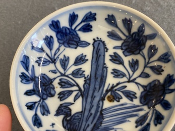 A Chinese blue and white saucer with a pheasant behind a rock, 'rabbit' mark, Wanli
