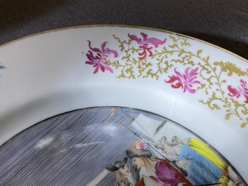 A rare Chinese European-decorated export porcelain 'Clothtraders' plate, Qianlong