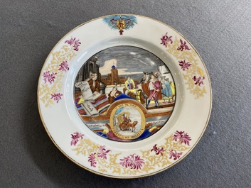 A rare Chinese European-decorated export porcelain 'Clothtraders' plate, Qianlong