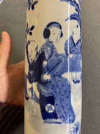 A Chinese blue and white garniture of five vases with ladies and boys, Kangxi mark, 19th C.