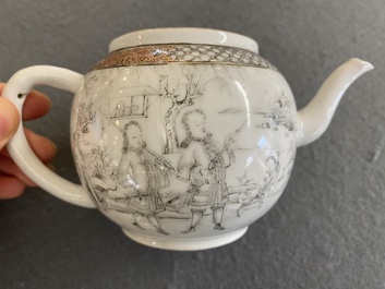 A Chinese grisaille 'European hunting scene' teapot and cover, Yongzheng