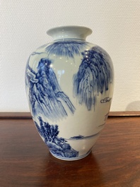 A Chinese blue and white 'mountainous landscape' vase, Kangxi mark, Republic