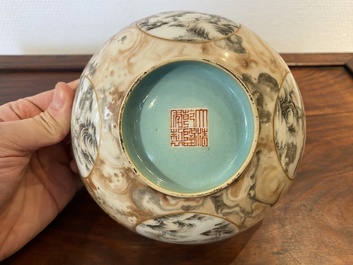 A Chinese faux-bois bowl with grisaille medallions, Qianlong mark, Republic
