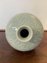 A Chinese celadon-glazed 'lotus scroll' 'meiping' vase, Kangxi mark, 19/20th C.