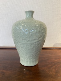 A Chinese celadon-glazed 'lotus scroll' 'meiping' vase, Kangxi mark, 19/20th C.