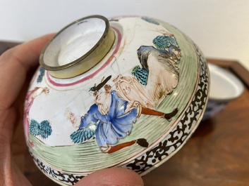 Two Chinese Canton enamel covered bowls on stands and two bowls, 18/19th C.