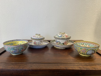 Two Chinese Canton enamel covered bowls on stands and two bowls, 18/19th C.