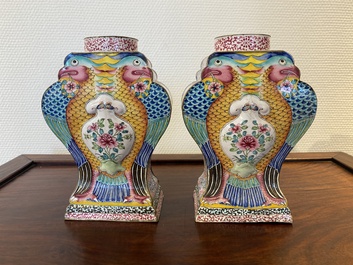 A pair of rare Chinese Canton enamel 'double eagle' vases, Yongzheng