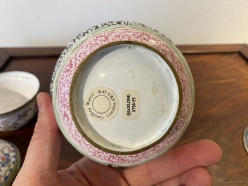 Two Chinese Canton enamel covered bowls on stands and two bowls, 18/19th C.