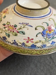 Two Chinese Canton enamel covered bowls on stands and two bowls, 18/19th C.