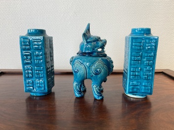 A pair of Chinese monochrome turquoise-glazed 'cong' vases and a 'luduan' censer, 19/20th C.