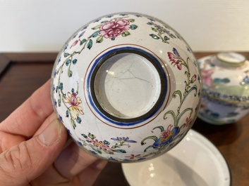 Two Chinese Canton enamel covered bowls on stands and two bowls, 18/19th C.