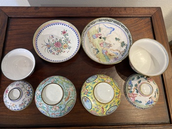 Two Chinese Canton enamel covered bowls on stands and two bowls, 18/19th C.