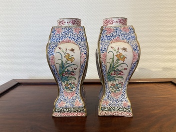 A pair of rare Chinese Canton enamel 'double eagle' vases, Yongzheng