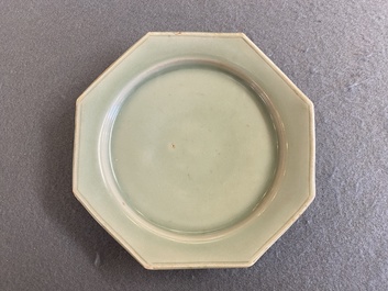 A Chinese octagonal Longquan celadon plate, probably Ming