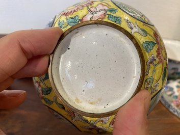 Two Chinese Canton enamel covered bowls on stands and two bowls, 18/19th C.