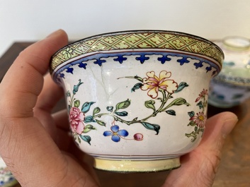 Two Chinese Canton enamel covered bowls on stands and two bowls, 18/19th C.