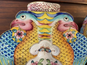 A pair of rare Chinese Canton enamel 'double eagle' vases, Yongzheng