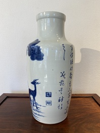 Vase en porcelaine de Chine en bleu et blanc &agrave; d&eacute;cor d'un cerf et d'une grue, marque de Tao Cheng Tang 陶成堂, 18/19&egrave;me