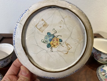 Two Chinese Canton enamel covered bowls on stands and two bowls, 18/19th C.