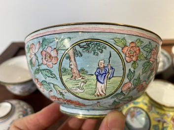 Two Chinese Canton enamel covered bowls on stands and two bowls, 18/19th C.