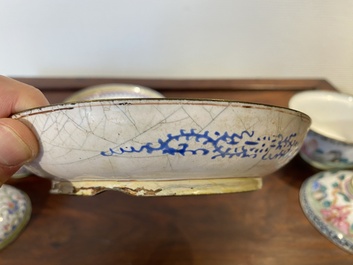 Two Chinese Canton enamel covered bowls on stands and two bowls, 18/19th C.