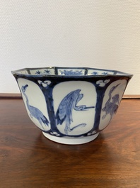 A Japanese octagonal blue and white 'cranes' bowl, 18th C.